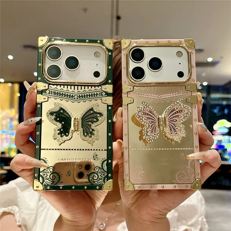 Cover per iPhone 17 Pro, Cover per Telefono in TPU e PC Placcato con Supporto a Farfalla - Viola Scuro