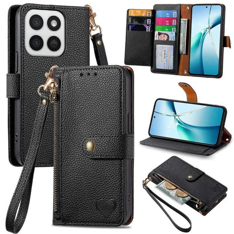 Custodia per telefono per Honor 400 Smart 5G / 400 Smart 4G / X7d 4G / X7d 5G con tasca con cerniera e blocco RFID, custodia portafoglio in pelle con cinturino - Nero