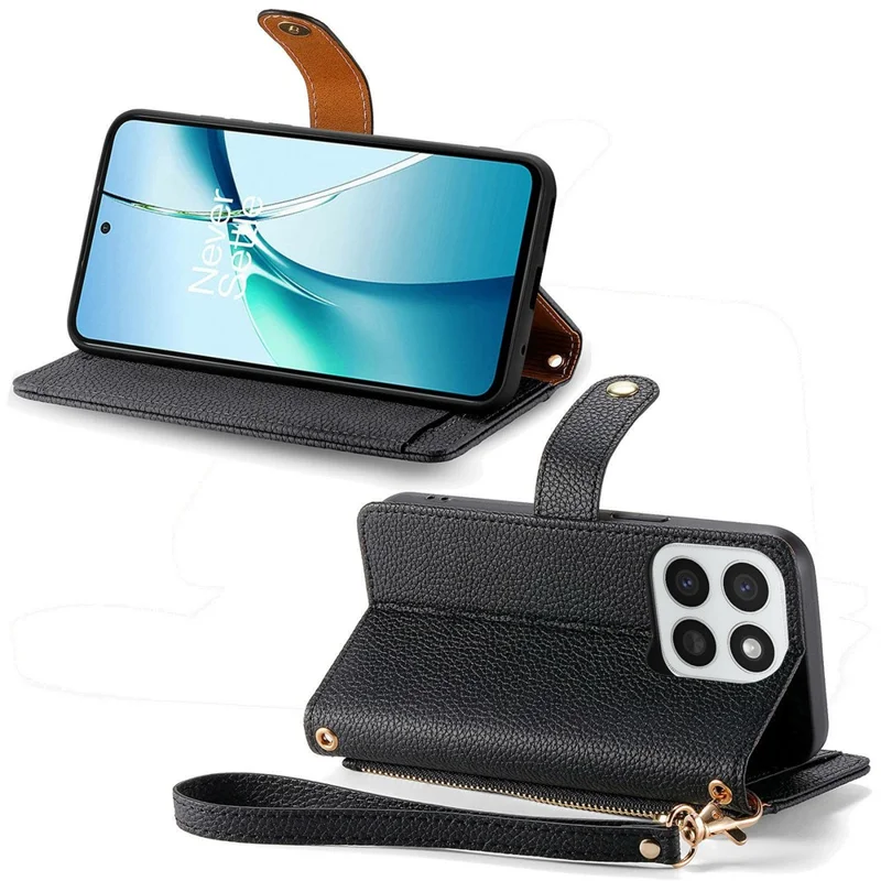 Custodia per telefono per Honor 400 Smart 5G / 400 Smart 4G / X7d 4G / X7d 5G con tasca con cerniera e blocco RFID, custodia portafoglio in pelle con cinturino - Nero