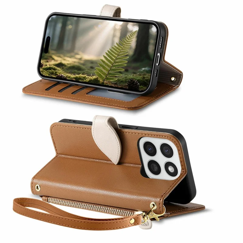 Cover con supporto per Honor 400 Smart 5G / 400 Smart 4G / X7d 4G / X7d 5G, custodia in pelle con chiusura magnetica a forma di foglia e tracolla staccabile - Marrone