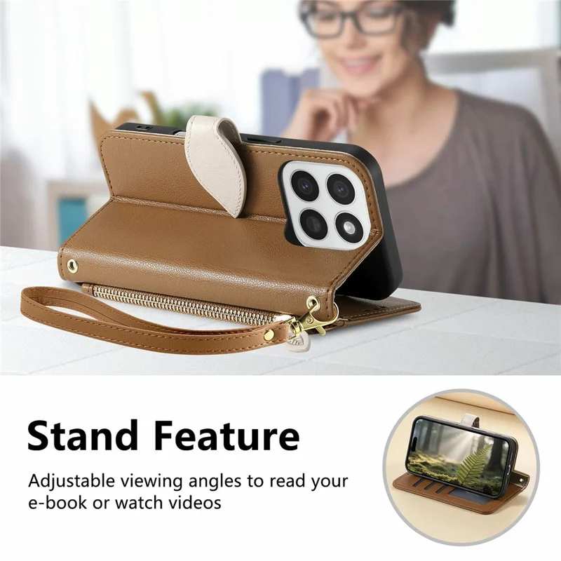 Cover con supporto per Honor 400 Smart 5G / 400 Smart 4G / X7d 4G / X7d 5G, custodia in pelle con chiusura magnetica a forma di foglia e tracolla staccabile - Marrone