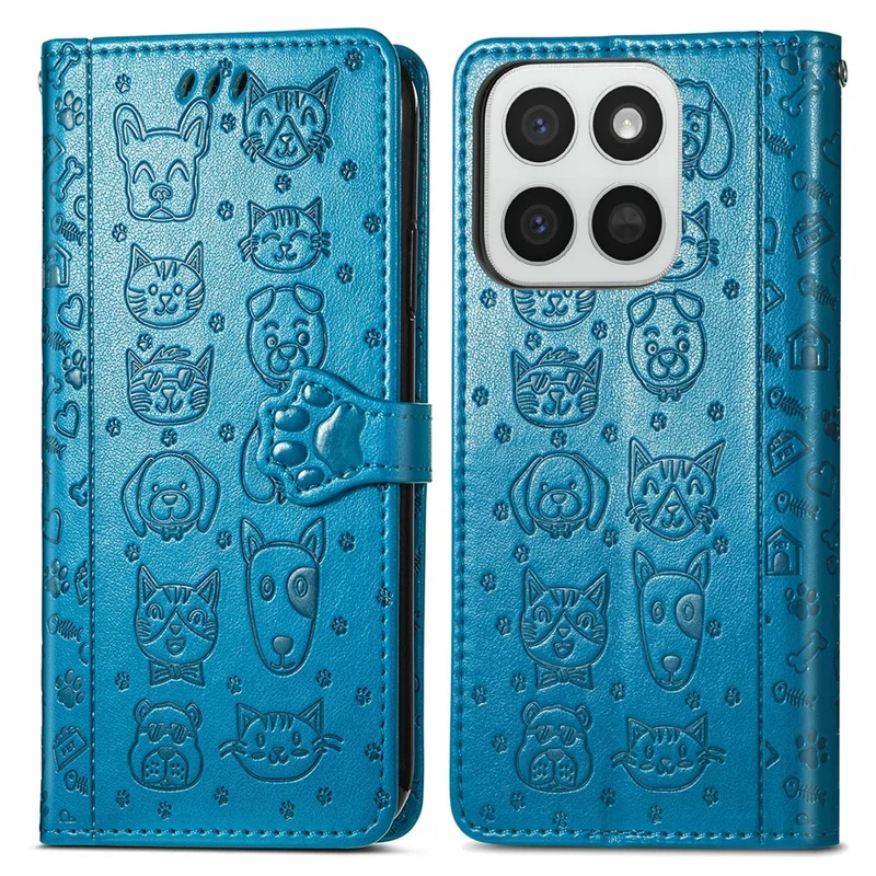 Cover per telefono per Honor 400 Smart 5G / 400 Smart 4G / X7d 4G / X7d 5G, custodia portafoglio in pelle con motivo carino di gatti e cani - Blu