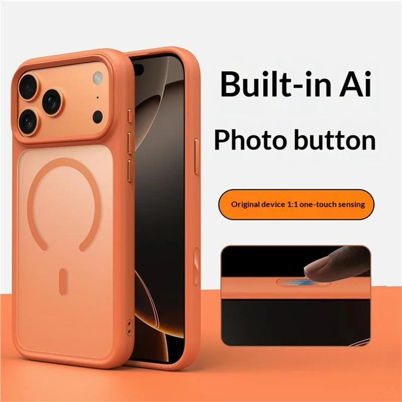 Funda para iPhone 17 Pro Max con botón de foto de IA Matte PC + Cubierta de teléfono TPU compatible con MagSafe - Naranja
