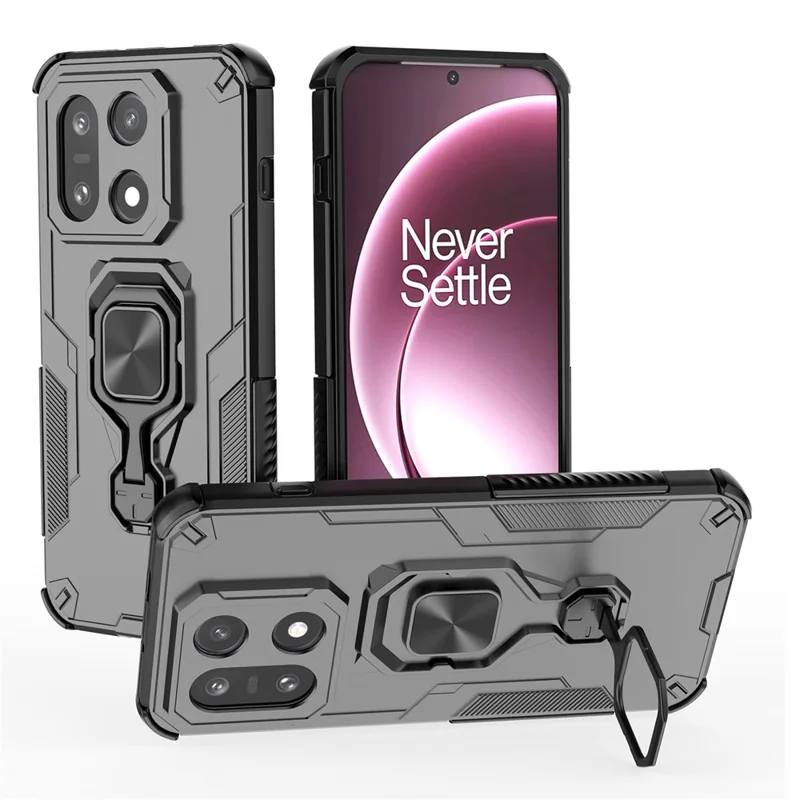 For OnePlus 15 5G Case Rotatable Ring Kickstand PC + TPU Shockproof Phone Cover - Black