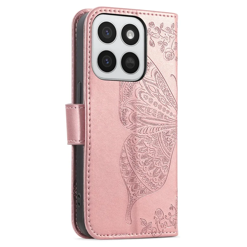 Custodia per telefono per Honor 400 Smart 5G / 400 Smart 4G / X7d 4G / X7d 5G con tracolla a farfalla in ecopelle con portafoglio - Oro rosa