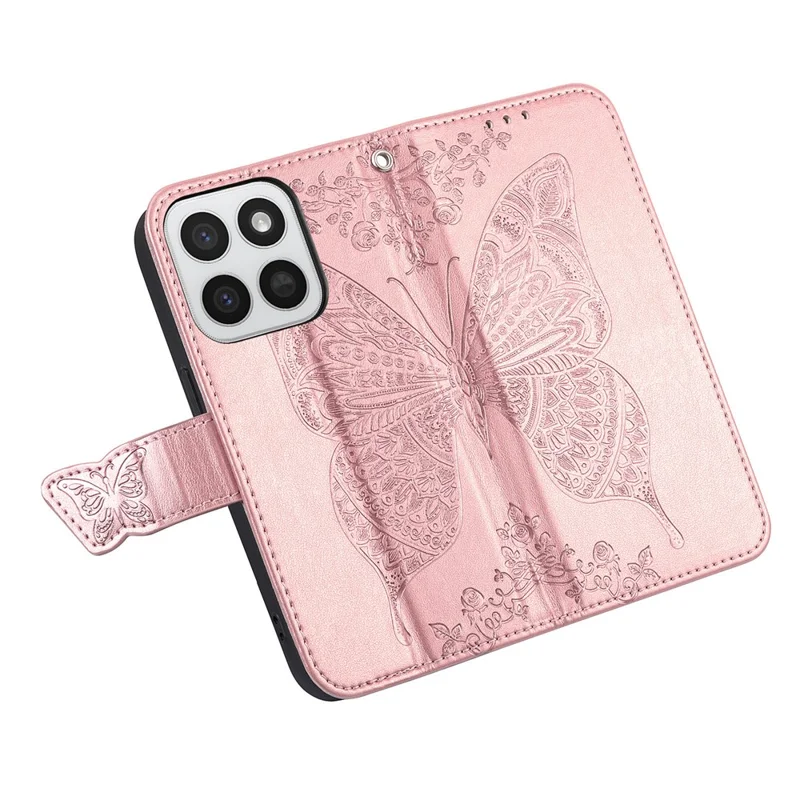 Custodia per telefono per Honor 400 Smart 5G / 400 Smart 4G / X7d 4G / X7d 5G con tracolla a farfalla in ecopelle con portafoglio - Oro rosa