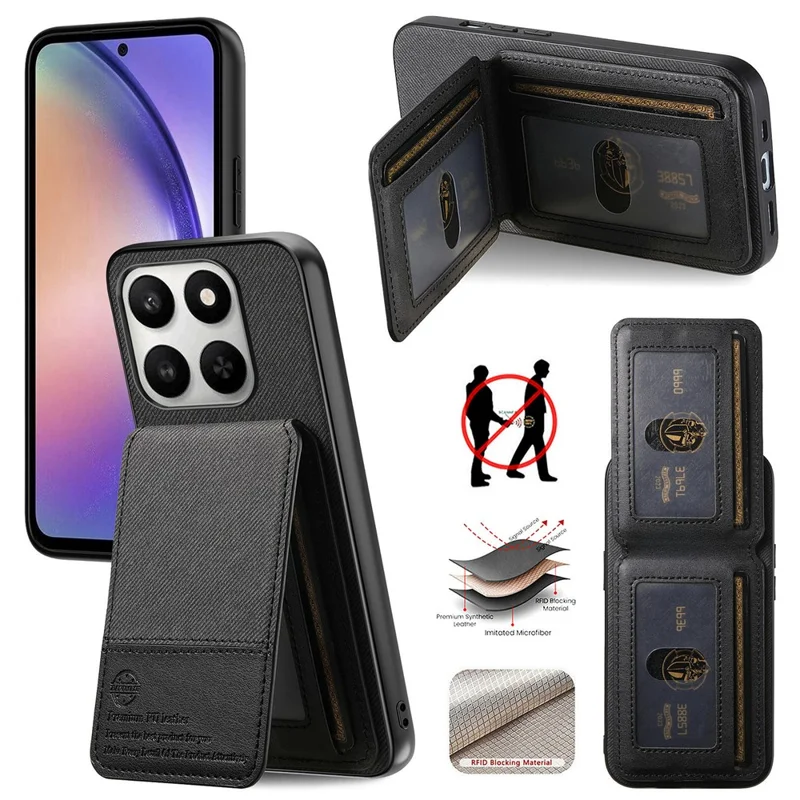 Custodia per telefono per Honor 400 Smart 5G / 400 Smart 4G / X7d 4G / X7d 5G, rivestimento in tessuto in pelle + PC + TPU con blocco RFID e porta carte - Nero