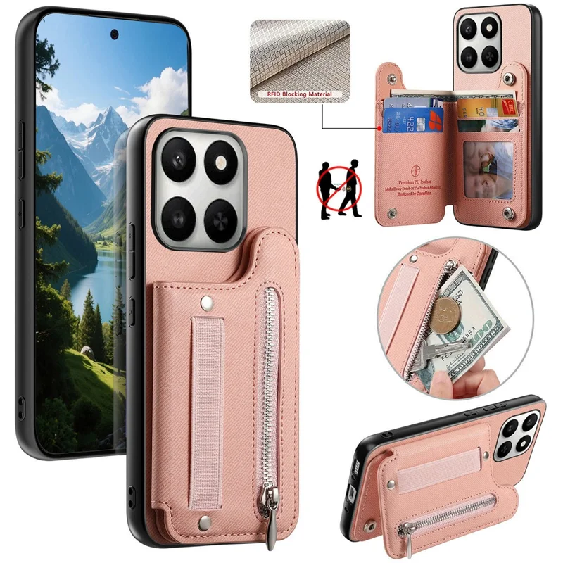Custodia per telefono per Honor 400 Smart 5G / 400 Smart 4G / X7d 4G / X7d 5G con porta tessere RFID, rivestimento posteriore in ecopelle con texture jeans, con cinturino elastico da polso - Rosa