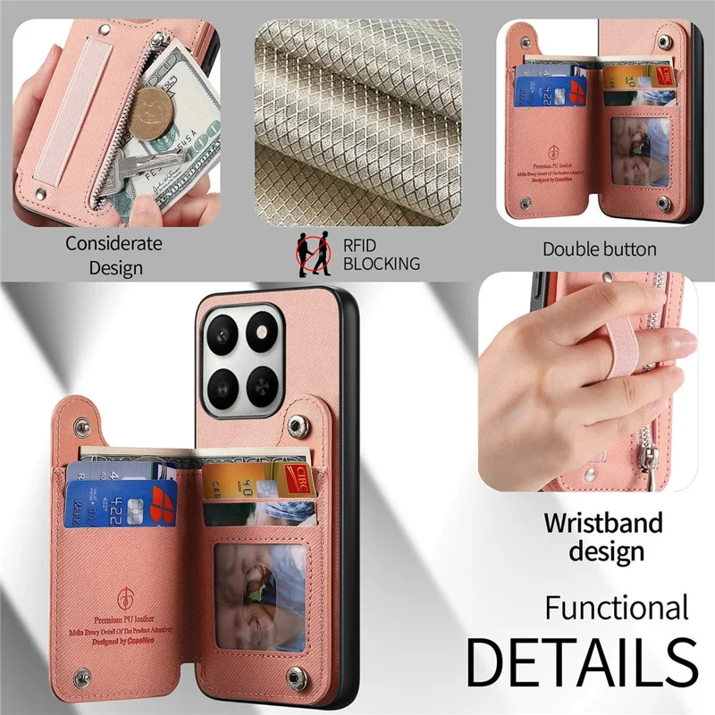 Custodia per telefono per Honor 400 Smart 5G / 400 Smart 4G / X7d 4G / X7d 5G con porta tessere RFID, rivestimento posteriore in ecopelle con texture jeans, con cinturino elastico da polso - Rosa