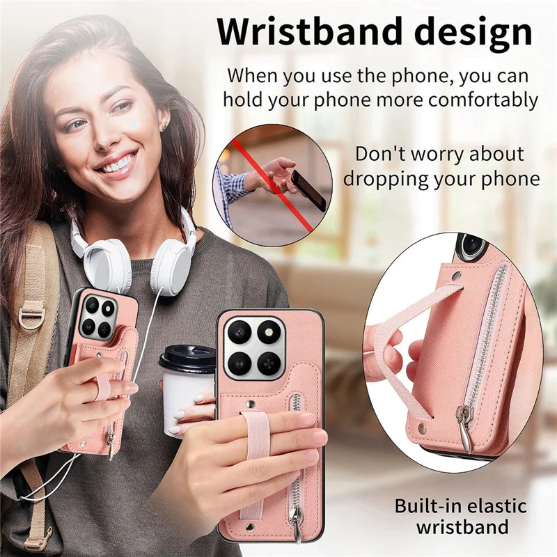 Custodia per telefono per Honor 400 Smart 5G / 400 Smart 4G / X7d 4G / X7d 5G con porta tessere RFID, rivestimento posteriore in ecopelle con texture jeans, con cinturino elastico da polso - Rosa