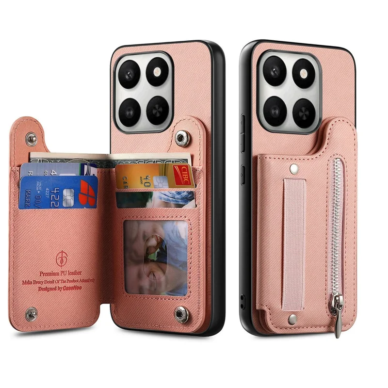 Custodia per telefono per Honor 400 Smart 5G / 400 Smart 4G / X7d 4G / X7d 5G con porta tessere RFID, rivestimento posteriore in ecopelle con texture jeans, con cinturino elastico da polso - Rosa