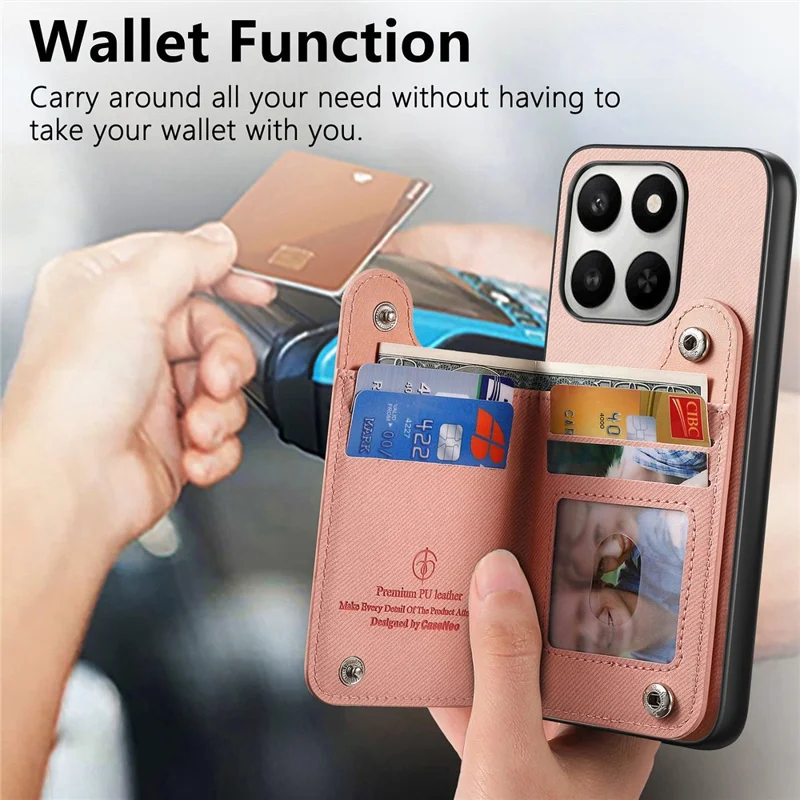 Custodia per telefono per Honor 400 Smart 5G / 400 Smart 4G / X7d 4G / X7d 5G con porta tessere RFID, rivestimento posteriore in ecopelle con texture jeans, con cinturino elastico da polso - Rosa