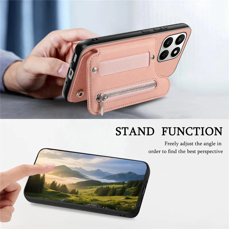 Custodia per telefono per Honor 400 Smart 5G / 400 Smart 4G / X7d 4G / X7d 5G con porta tessere RFID, rivestimento posteriore in ecopelle con texture jeans, con cinturino elastico da polso - Rosa