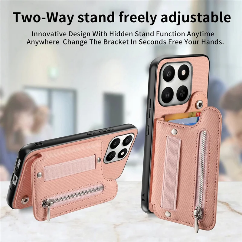 Custodia per telefono per Honor 400 Smart 5G / 400 Smart 4G / X7d 4G / X7d 5G con porta tessere RFID, rivestimento posteriore in ecopelle con texture jeans, con cinturino elastico da polso - Rosa