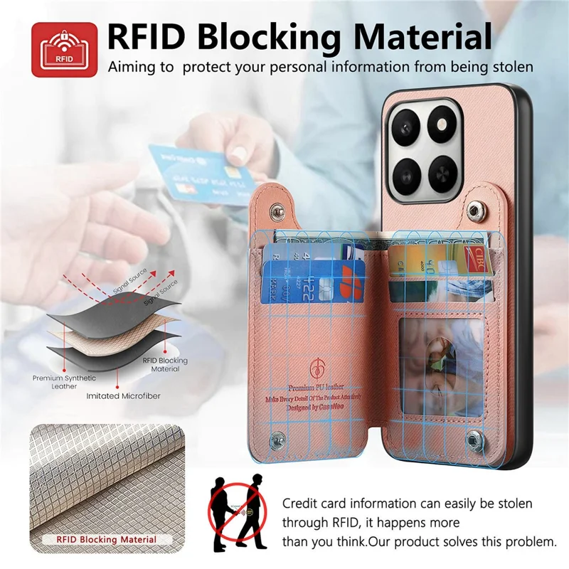 Custodia per telefono per Honor 400 Smart 5G / 400 Smart 4G / X7d 4G / X7d 5G con porta tessere RFID, rivestimento posteriore in ecopelle con texture jeans, con cinturino elastico da polso - Rosa