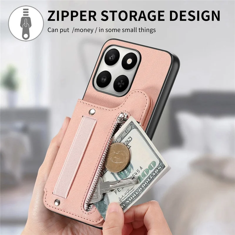 Custodia per telefono per Honor 400 Smart 5G / 400 Smart 4G / X7d 4G / X7d 5G con porta tessere RFID, rivestimento posteriore in ecopelle con texture jeans, con cinturino elastico da polso - Rosa