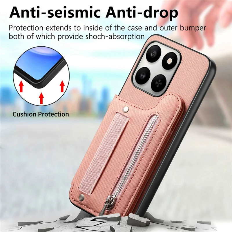 Custodia per telefono per Honor 400 Smart 5G / 400 Smart 4G / X7d 4G / X7d 5G con porta tessere RFID, rivestimento posteriore in ecopelle con texture jeans, con cinturino elastico da polso - Rosa