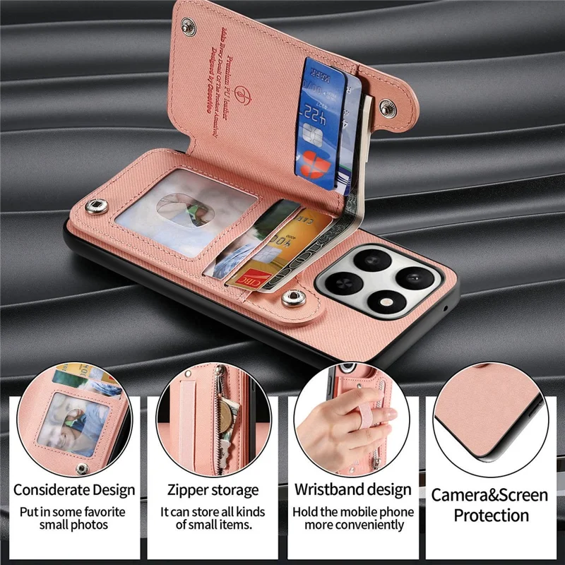 Custodia per telefono per Honor 400 Smart 5G / 400 Smart 4G / X7d 4G / X7d 5G con porta tessere RFID, rivestimento posteriore in ecopelle con texture jeans, con cinturino elastico da polso - Rosa