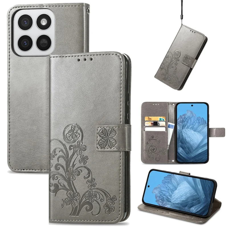 Cover in pelle per Honor 400 Smart 5G / 400 Smart 4G / X7d 4G / X7d 5G, custodia portafoglio con motivo quadrifoglio - Grigio
