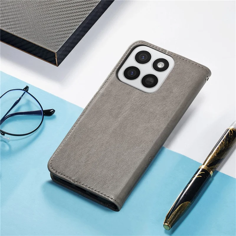 Cover in pelle per Honor 400 Smart 5G / 400 Smart 4G / X7d 4G / X7d 5G, custodia portafoglio con motivo quadrifoglio - Grigio