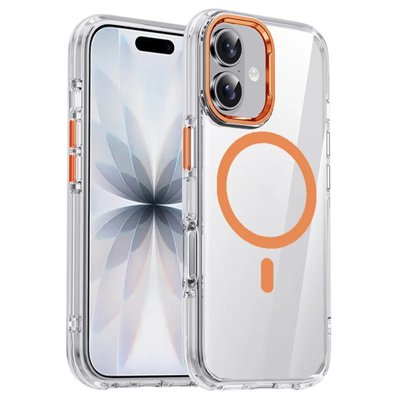 IPAKY pour iPhone 17 coque transparente compatible MagSafe, antichoc, TPU+PC, couverture arrière pour téléphone - Transparent / Orange