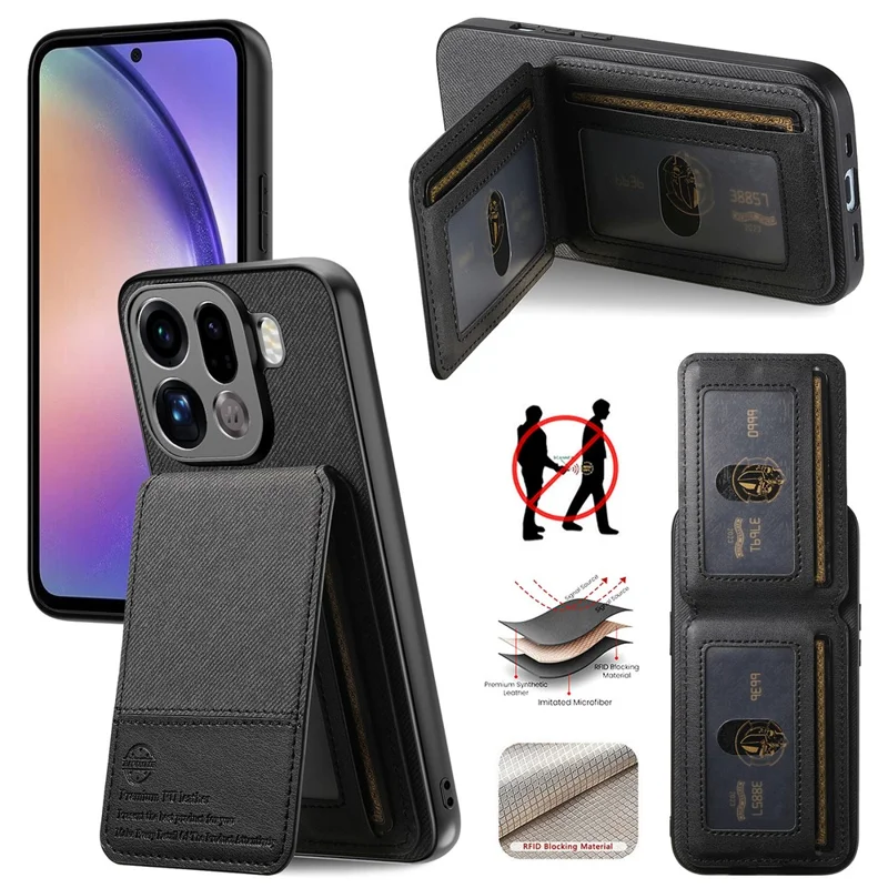 Pour Oppo Find X9 Pro 5G Étui Texture en Tissu Cuir + PC + TPU Antipirate RFID avec Porte-cartes - Noir