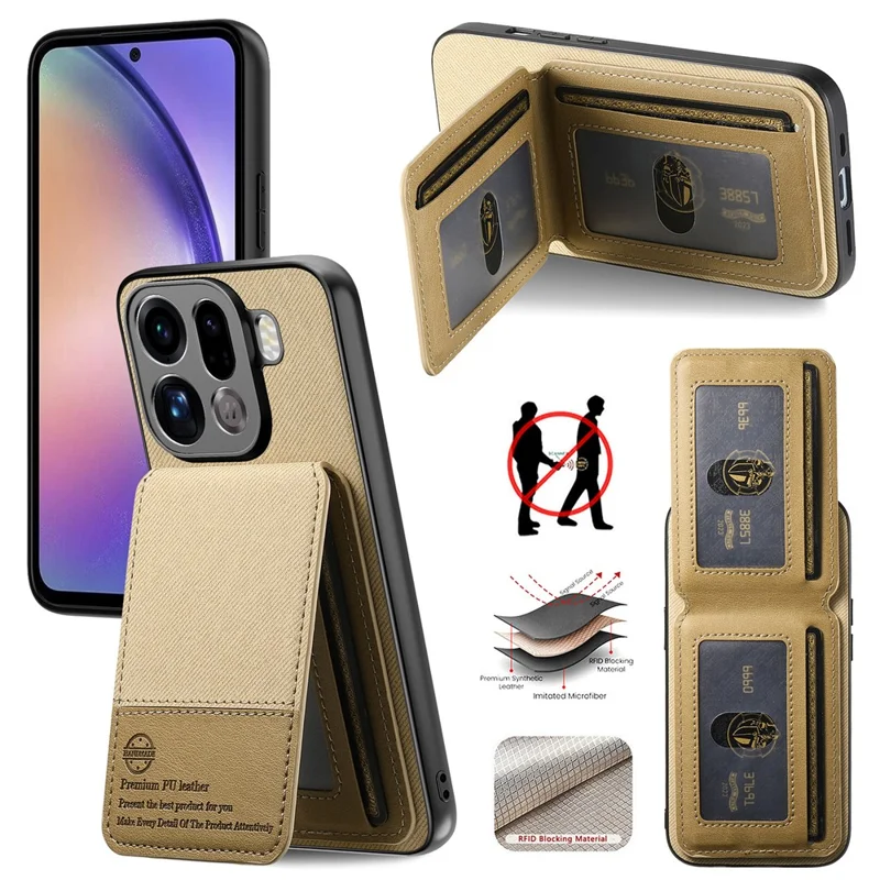 Futerał na Oppo Find X9 Pro 5G, pokryta tkaniną skóra + PC + TPU, z zabezpieczeniem RFID, z uchwytem na kartę - khaki