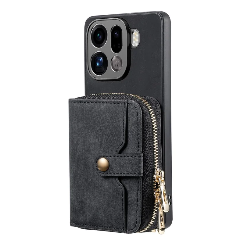 For Oppo Find X9 Pro 5G PU Leather Phone Back Cover with Zipper Card Holder and Long Strap - Black