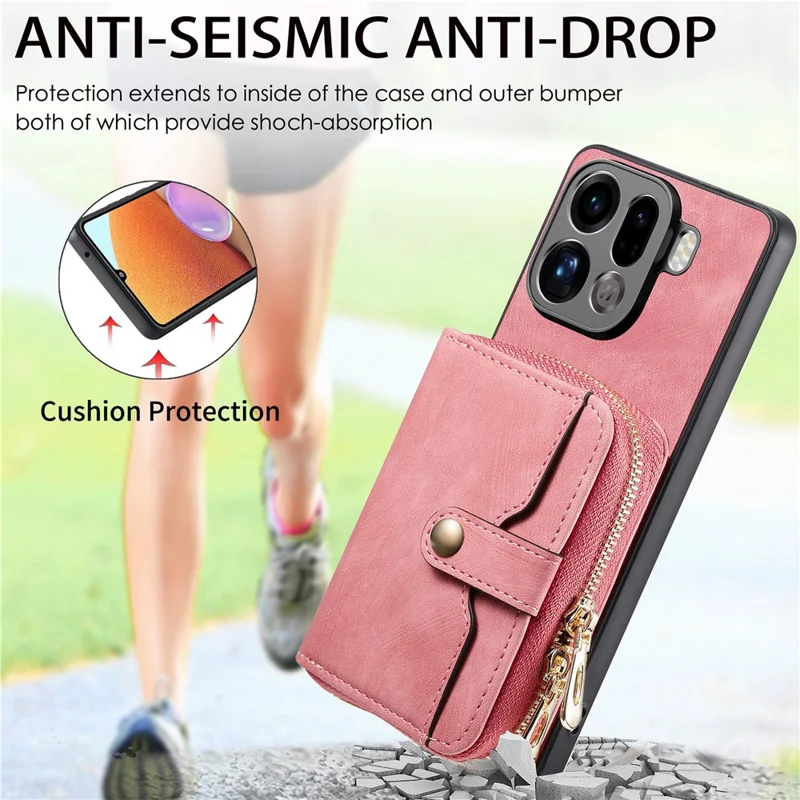 For Oppo Find X9 Pro 5G PU Leather Phone Back Cover with Zipper Card Holder and Long Strap - Black