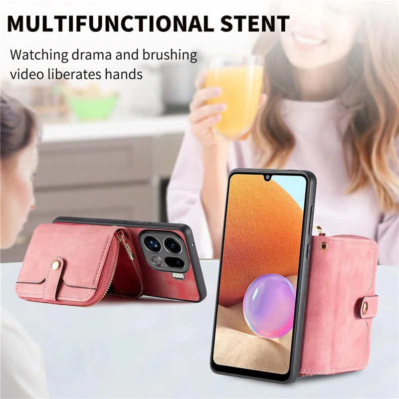 For Oppo Find X9 Pro 5G PU Leather Phone Back Cover with Zipper Card Holder and Long Strap - Black