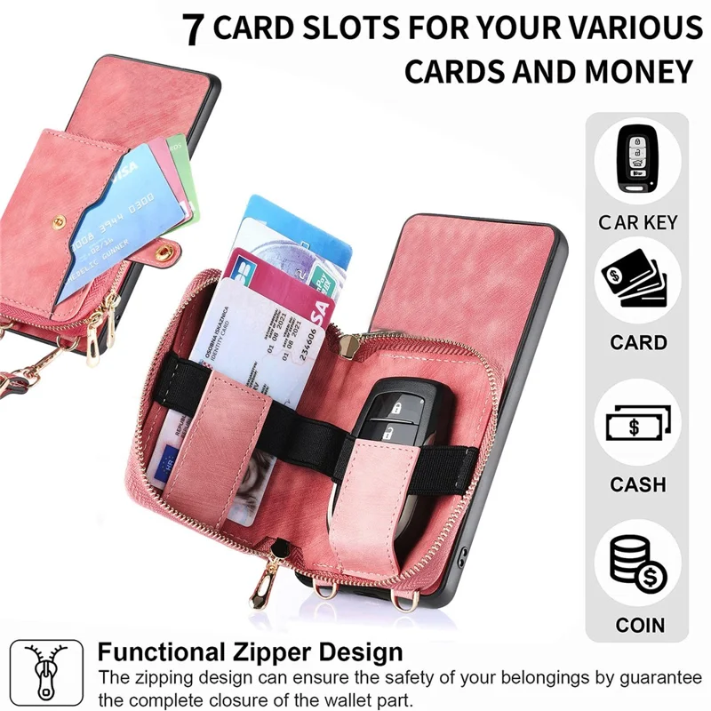 For Oppo Find X9 Pro 5G PU Leather Phone Back Cover with Zipper Card Holder and Long Strap - Black