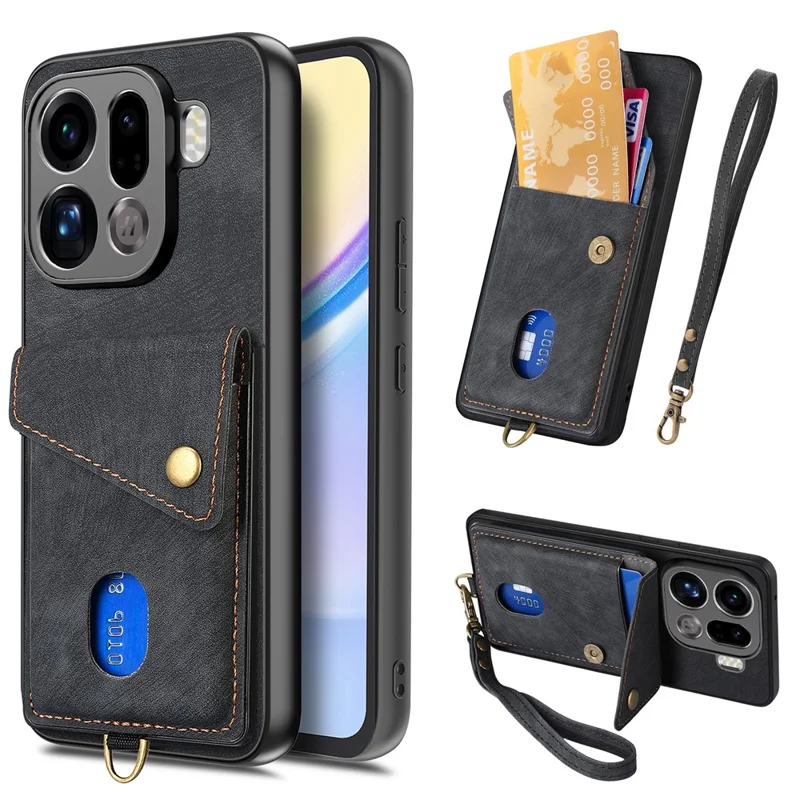 For Oppo Find X9 Pro 5G Case with Card Holder Kickstand Leather Phone Back Cover - Black