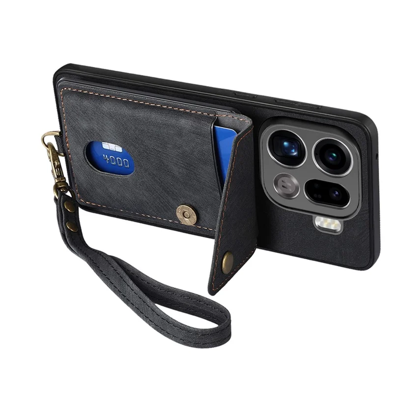 For Oppo Find X9 Pro 5G Case with Card Holder Kickstand Leather Phone Back Cover - Black