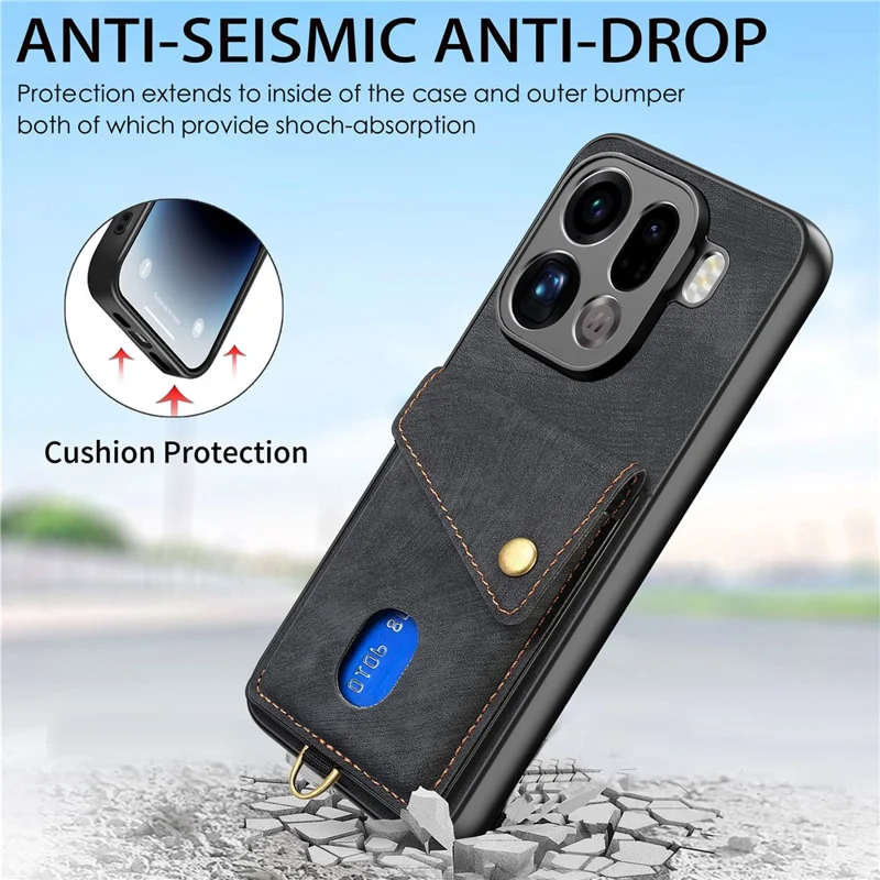 For Oppo Find X9 Pro 5G Case with Card Holder Kickstand Leather Phone Back Cover - Black