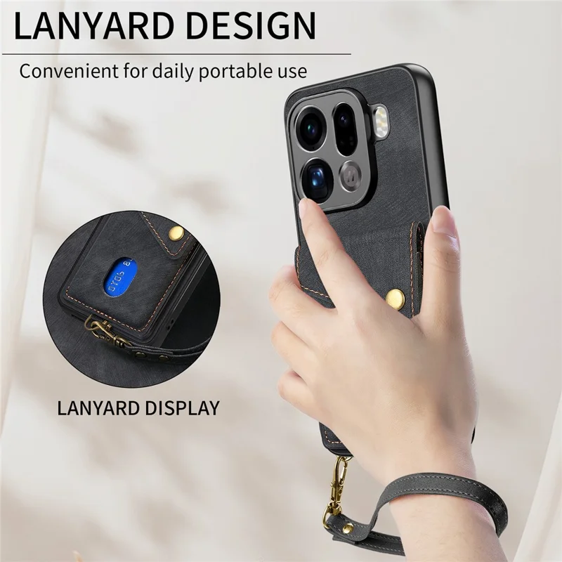 For Oppo Find X9 Pro 5G Case with Card Holder Kickstand Leather Phone Back Cover - Black