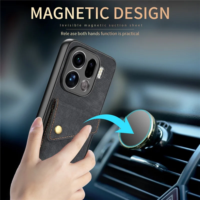 For Oppo Find X9 Pro 5G Case with Card Holder Kickstand Leather Phone Back Cover - Black