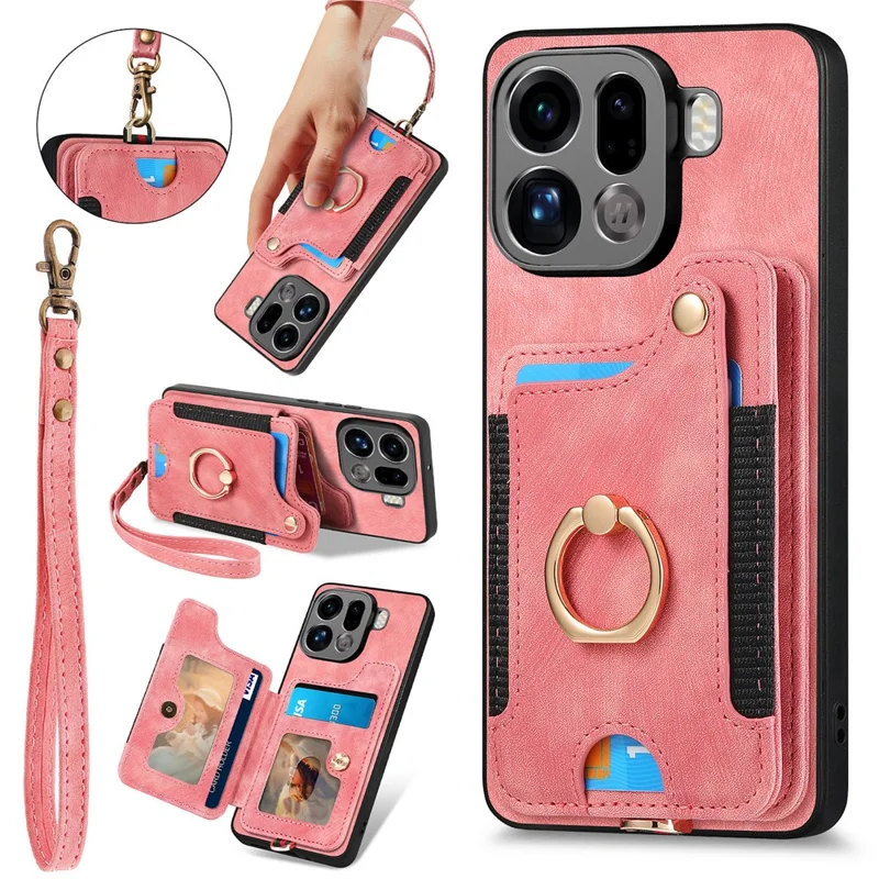 Voor Oppo Find X9 Pro 5G Retro PU Leren Hoesje met RFID-blokkering en Kaarthouder / Ringhouder - Roze