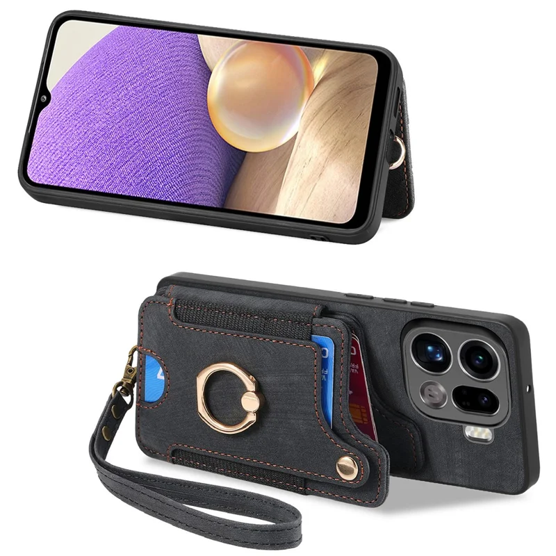For Oppo Find X9 Pro 5G Retro PU Leather Case Phone Cover with RFID Blocking Card Holder   /   Ring Holder - Black