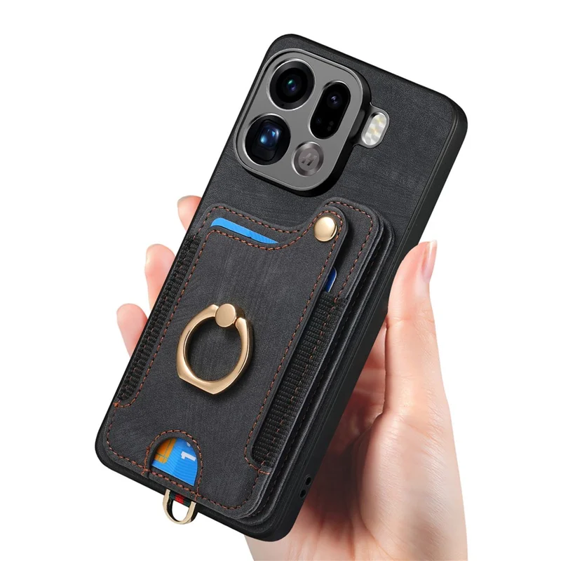 For Oppo Find X9 Pro 5G Retro PU Leather Case Phone Cover with RFID Blocking Card Holder   /   Ring Holder - Black