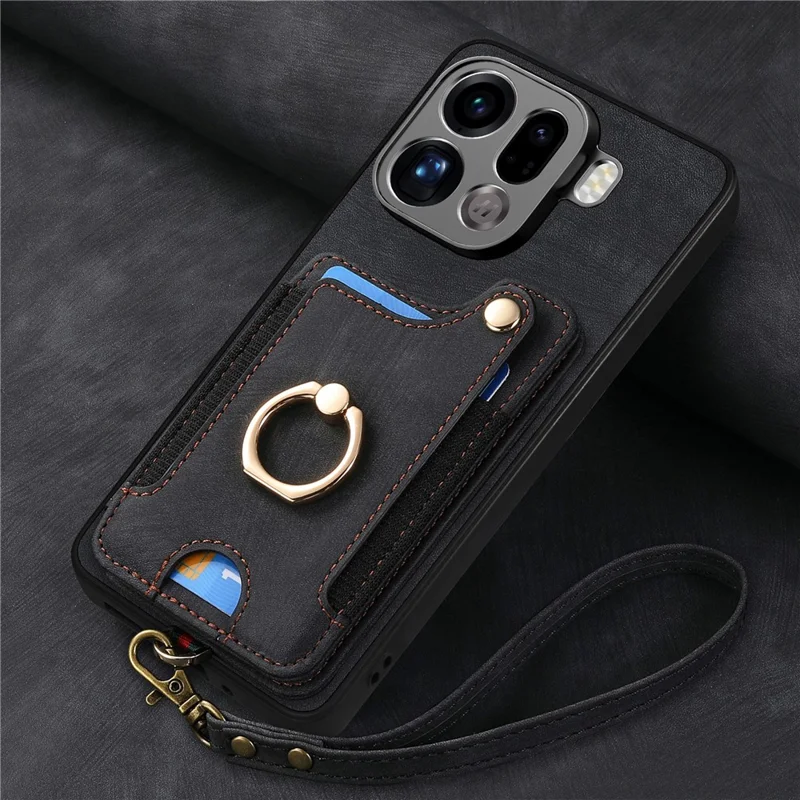For Oppo Find X9 Pro 5G Retro PU Leather Case Phone Cover with RFID Blocking Card Holder   /   Ring Holder - Black