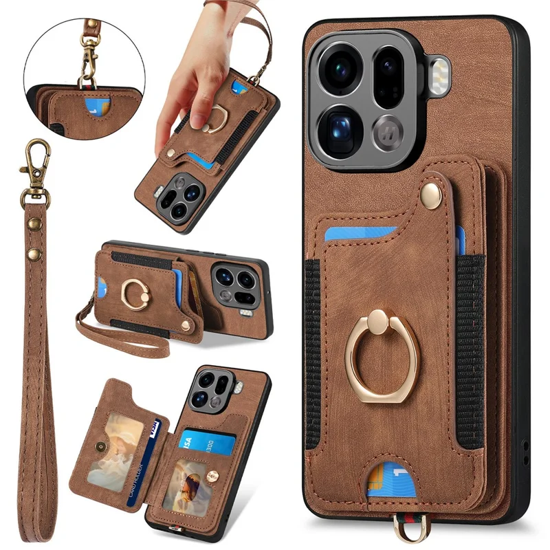 Pour Oppo Find X9 Pro 5G Étui Cuir PU Rétro avec Porte-cartes à Blocage RFID / Support Anneau - Brun