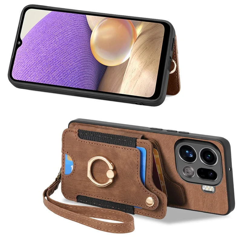 Pour Oppo Find X9 Pro 5G Étui Cuir PU Rétro avec Porte-cartes à Blocage RFID / Support Anneau - Brun