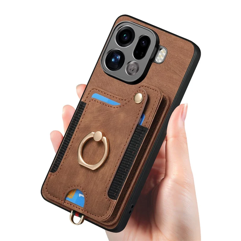 Pour Oppo Find X9 Pro 5G Étui Cuir PU Rétro avec Porte-cartes à Blocage RFID / Support Anneau - Brun