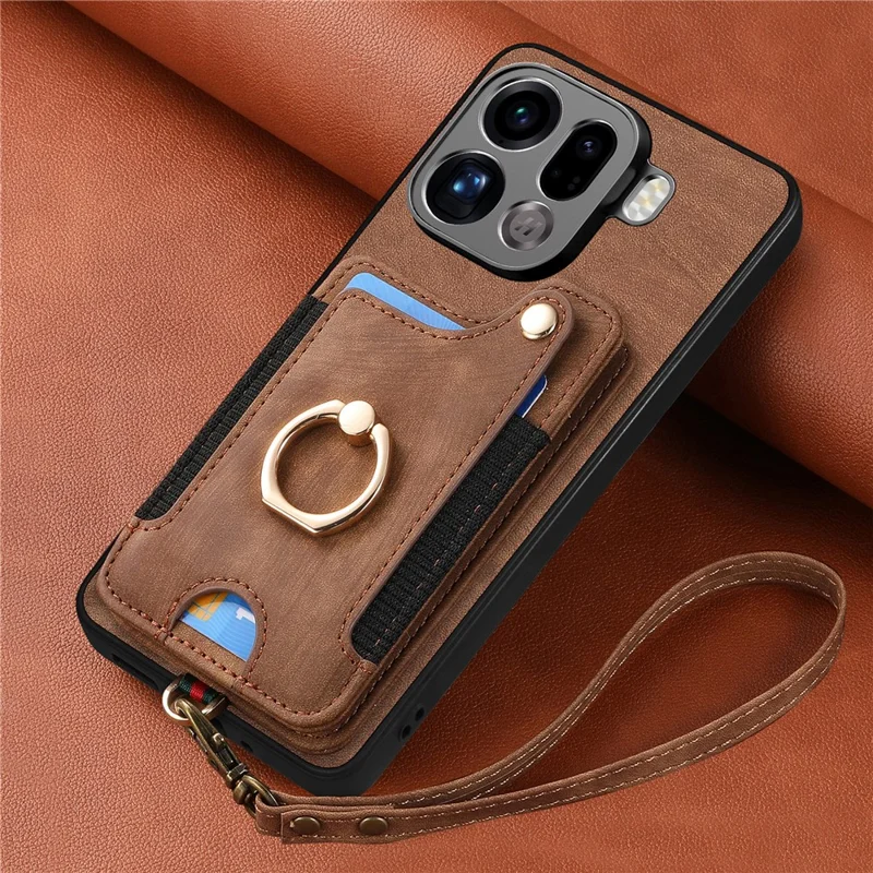 Pour Oppo Find X9 Pro 5G Étui Cuir PU Rétro avec Porte-cartes à Blocage RFID / Support Anneau - Brun