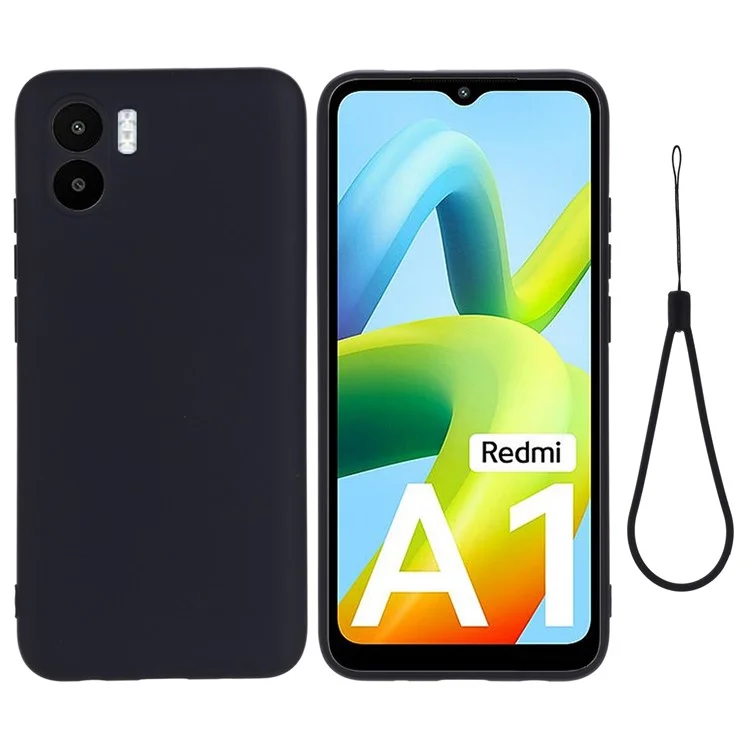 For Xiaomi Redmi A2 4G / A1 4G Soft Liquid Silicone Cell Phone Case Microfiber Lining Anti-Scratch Cover with Strap - Black