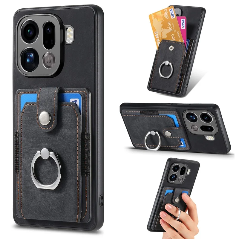 For Oppo Find X9 Pro 5G Case Kickstand Leather + TPU Non-Slip Protective Cover with Card Slots - Black