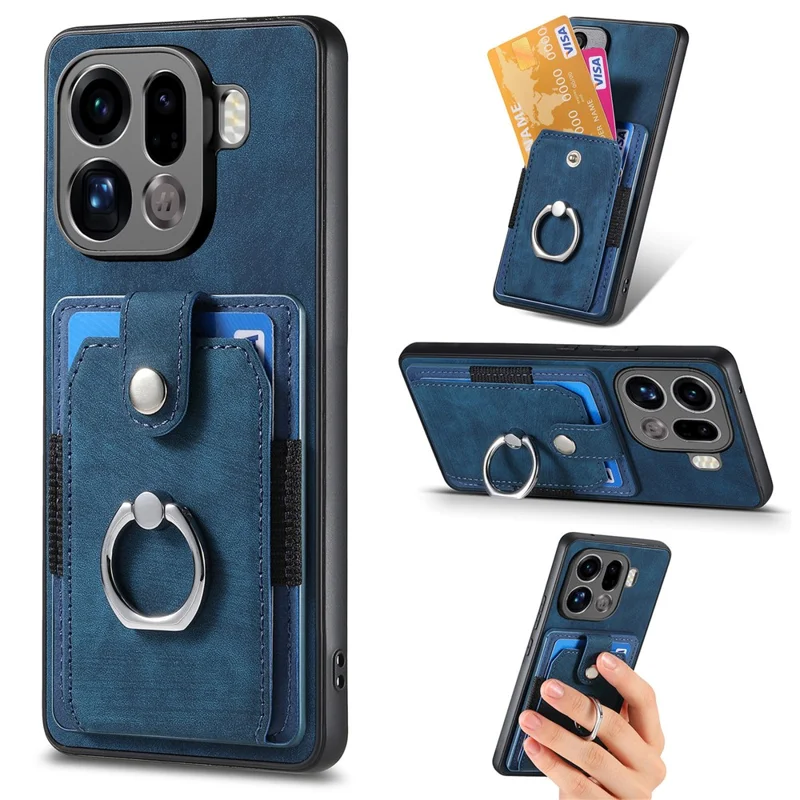 For Oppo Find X9 Pro 5G Phone Case Leather Back Cover with Card Slots Kickstand - Blue
