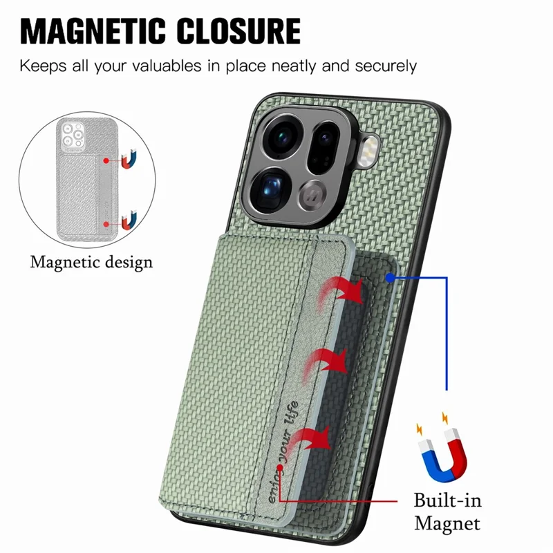 For Oppo Find X9 Pro 5G Case RFID Blocking Carbon Fiber Leather Phone Back Cover with Card Holder - Green