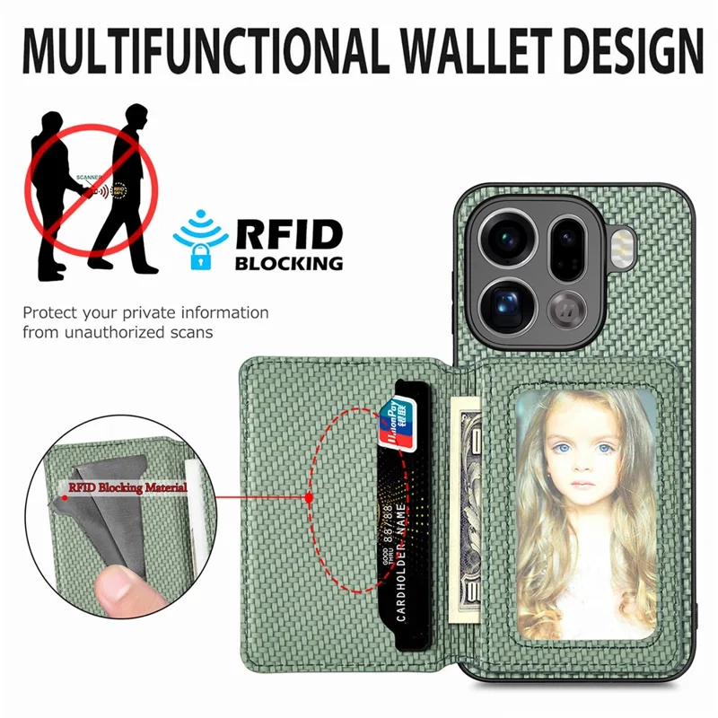 For Oppo Find X9 Pro 5G Case RFID Blocking Carbon Fiber Leather Phone Back Cover with Card Holder - Green