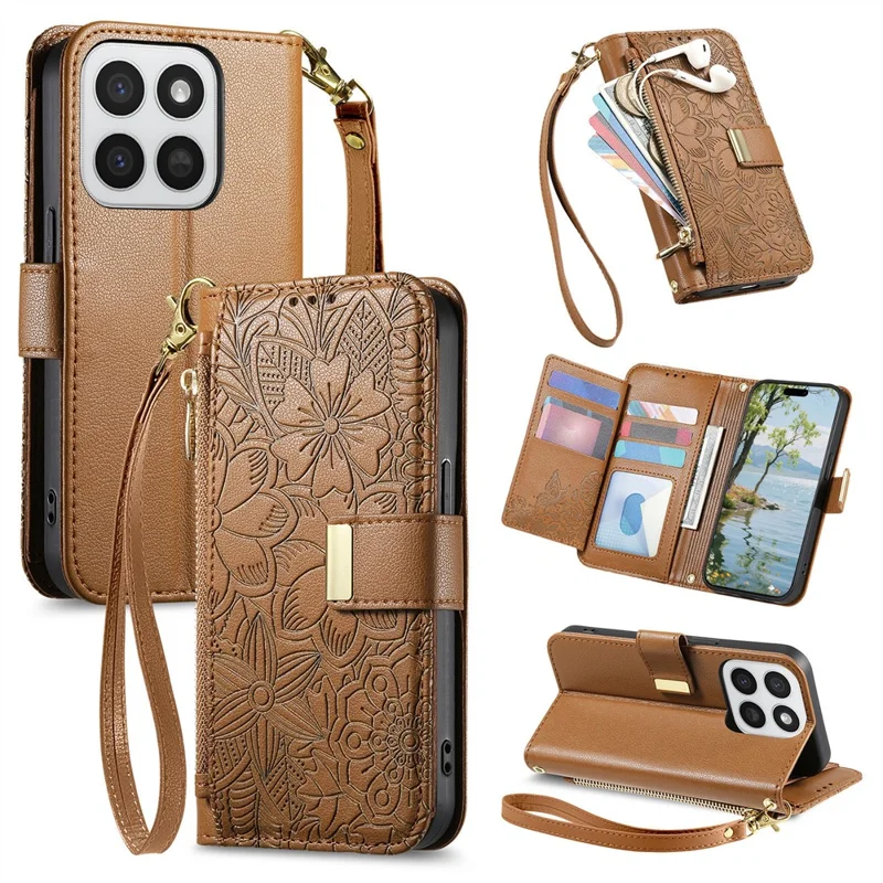 Custodia per telefono per Honor 400 Smart 5G / 400 Smart 4G / X7d 4G / X7d 5G con motivo floreale e foglie, porta carte multiplo, custodia in pelle con cerniera e tracolla - Marrone